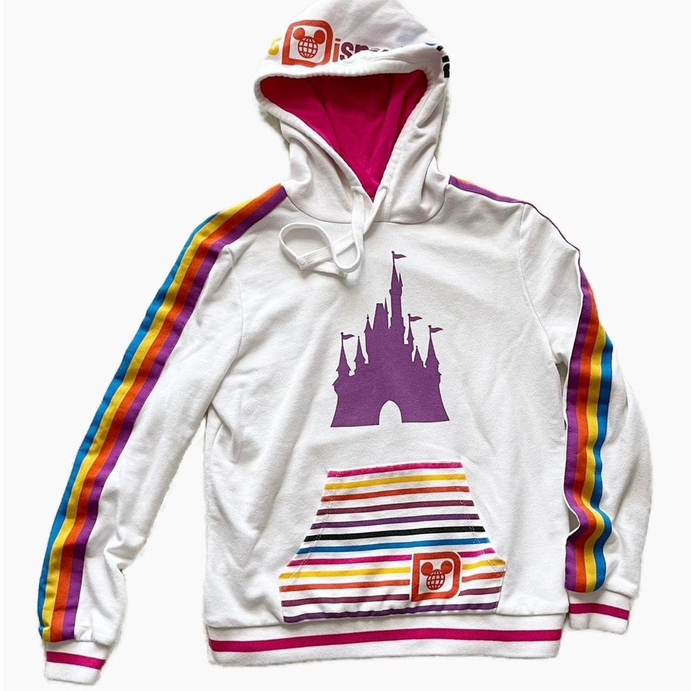 Disney Parks White Retro Stripe Castle Pullover Hoodie XL Mickey Pride Jacket - Picture 2 of 7